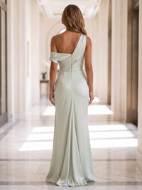 Sheath/Column Off Shoulder Satin Maxi Wedding Guest Dresses with 3D Flowers & Ruched Waist
