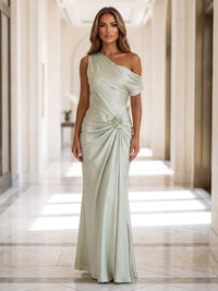 Sheath/Column Off Shoulder Satin Maxi Wedding Guest Dresses with 3D Flowers & Ruched Waist