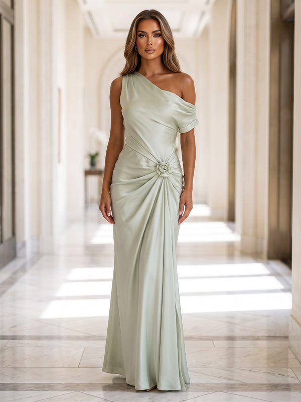 Sheath/Column Off Shoulder Satin Maxi Wedding Guest Dresses with 3D Flowers & Ruched Waist
