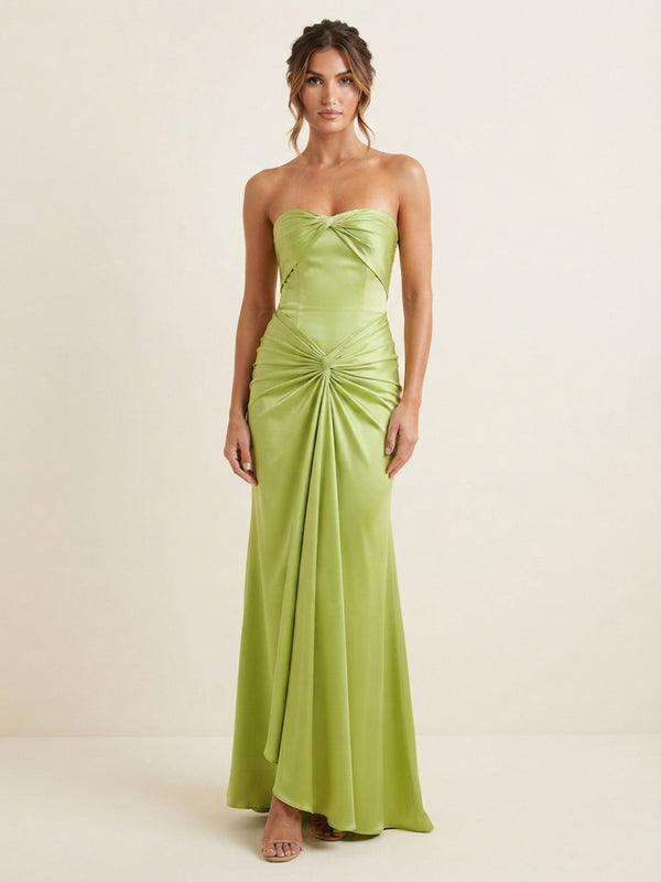 Sheath/Column Strapless Satin Maxi Wedding Guest Dresses with Ruched Waist