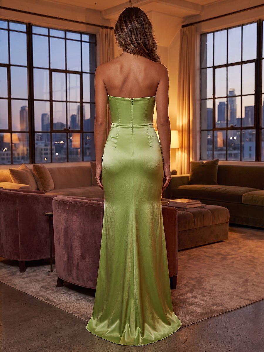 Sheath/Column Strapless Satin Maxi Wedding Guest Dresses with Ruched Waist