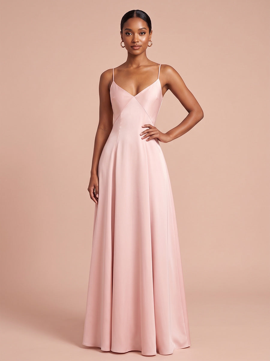 A-Line/Princess Spaghetti Straps Satin Maxi Wedding Guest Dresses with Pleats