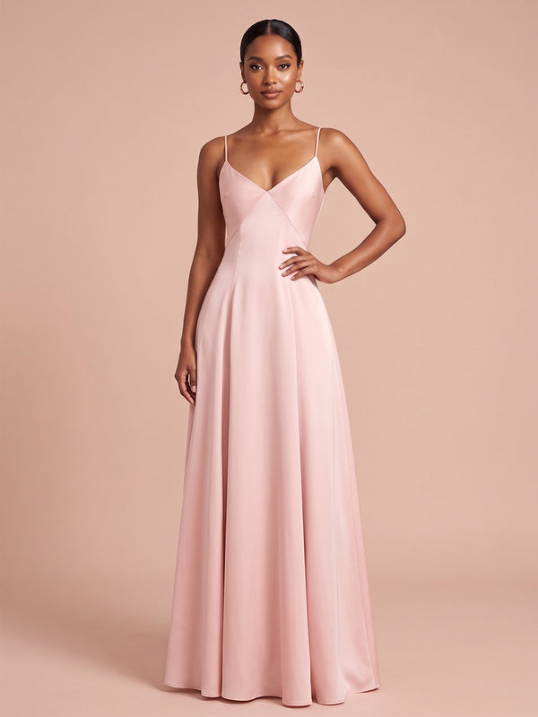 A-Line/Princess Spaghetti Straps Satin Maxi Wedding Guest Dresses with Pleats