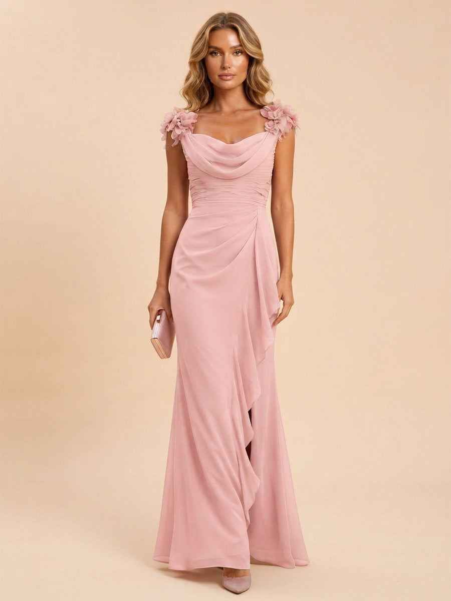 A-Line/Princess Cowl Neck Chiffon Maxi Wedding Guest Dresses with 3D Flowers & Ruched Waist