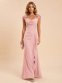 A-Line/Princess Cowl Neck Chiffon Maxi Wedding Guest Dresses with 3D Flowers & Ruched Waist
