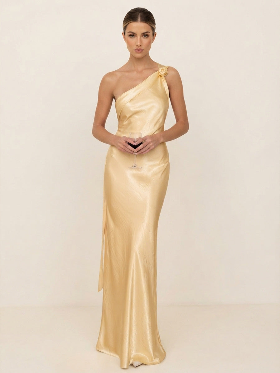 Sheath/Column One Shoulder Metallic Satin Maxi Wedding Guest Dresses for Women
