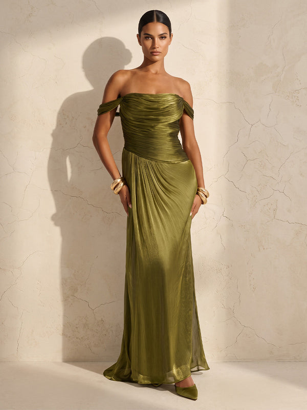 A-Line/Princess Off Shoulder Chiffon Maxi Wedding Guest Dresses with Ruched Waist