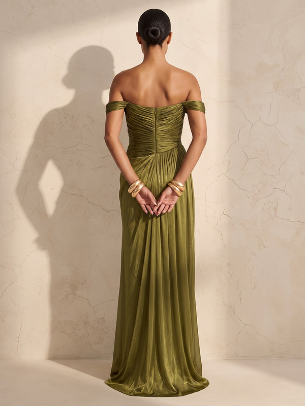 A-Line/Princess Off Shoulder Chiffon Maxi Wedding Guest Dresses with Ruched Waist
