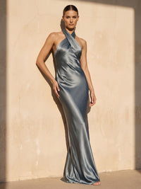 Sheath/Column Halter Satin Maxi Wedding Guest Dresses for Women