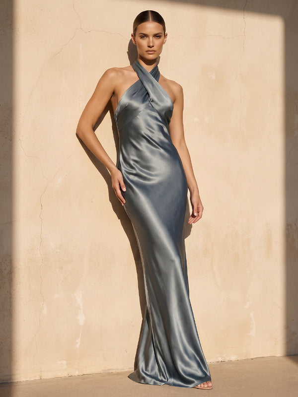 Sheath/Column Halter Satin Maxi Wedding Guest Dresses for Women