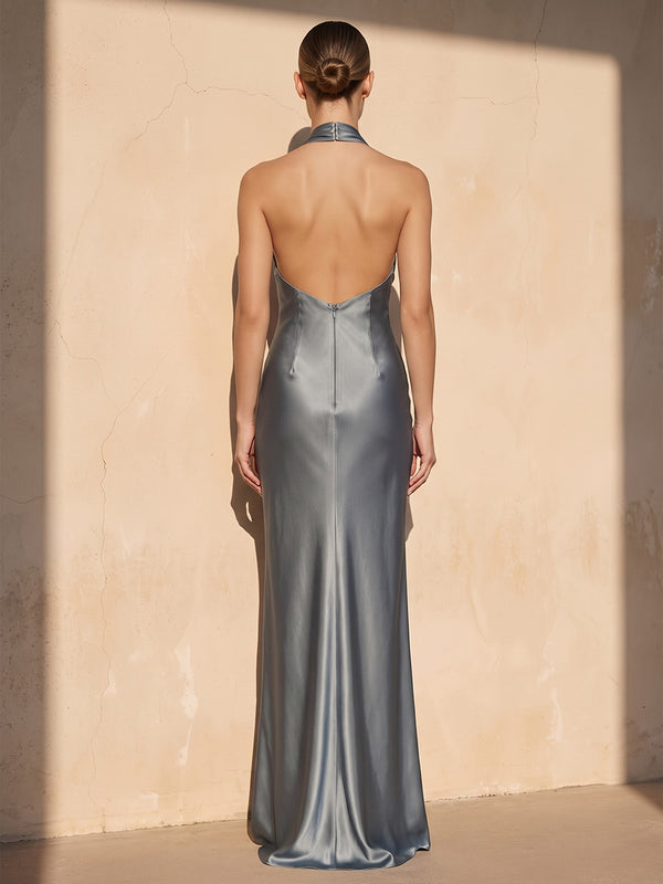 Sheath/Column Halter Satin Maxi Wedding Guest Dresses for Women