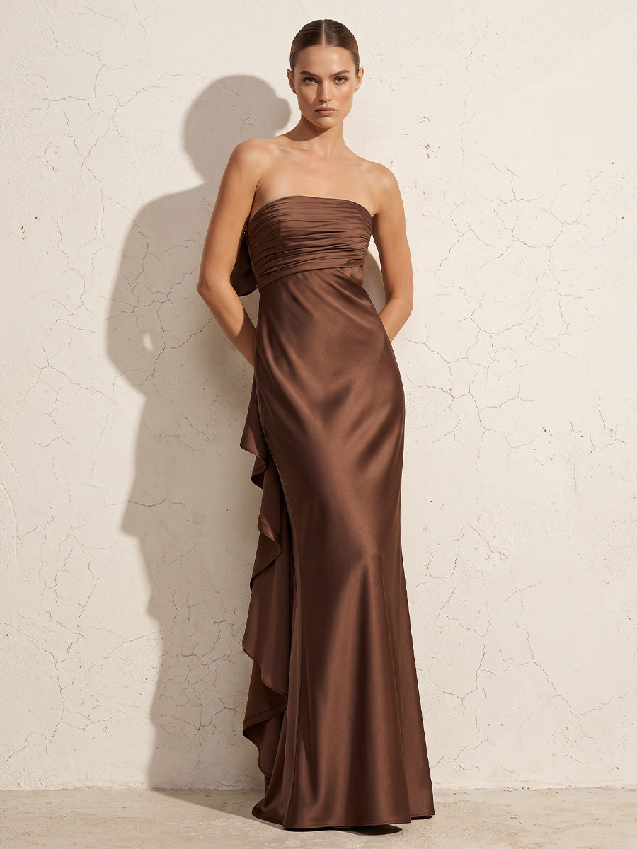 Sheath/Column Strapless Satin Maxi Wedding Guest Dresses with Ruffles & Bow