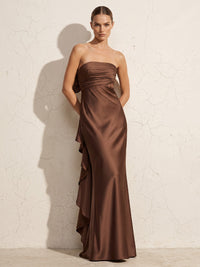 Sheath/Column Strapless Satin Maxi Wedding Guest Dresses with Ruffles & Bow