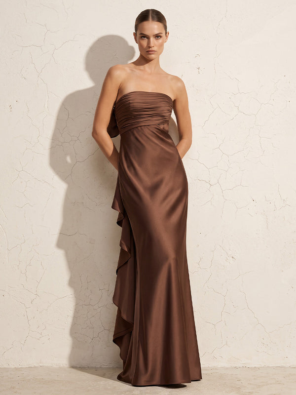 Sheath/Column Strapless Satin Maxi Wedding Guest Dresses with Ruffles & Bow