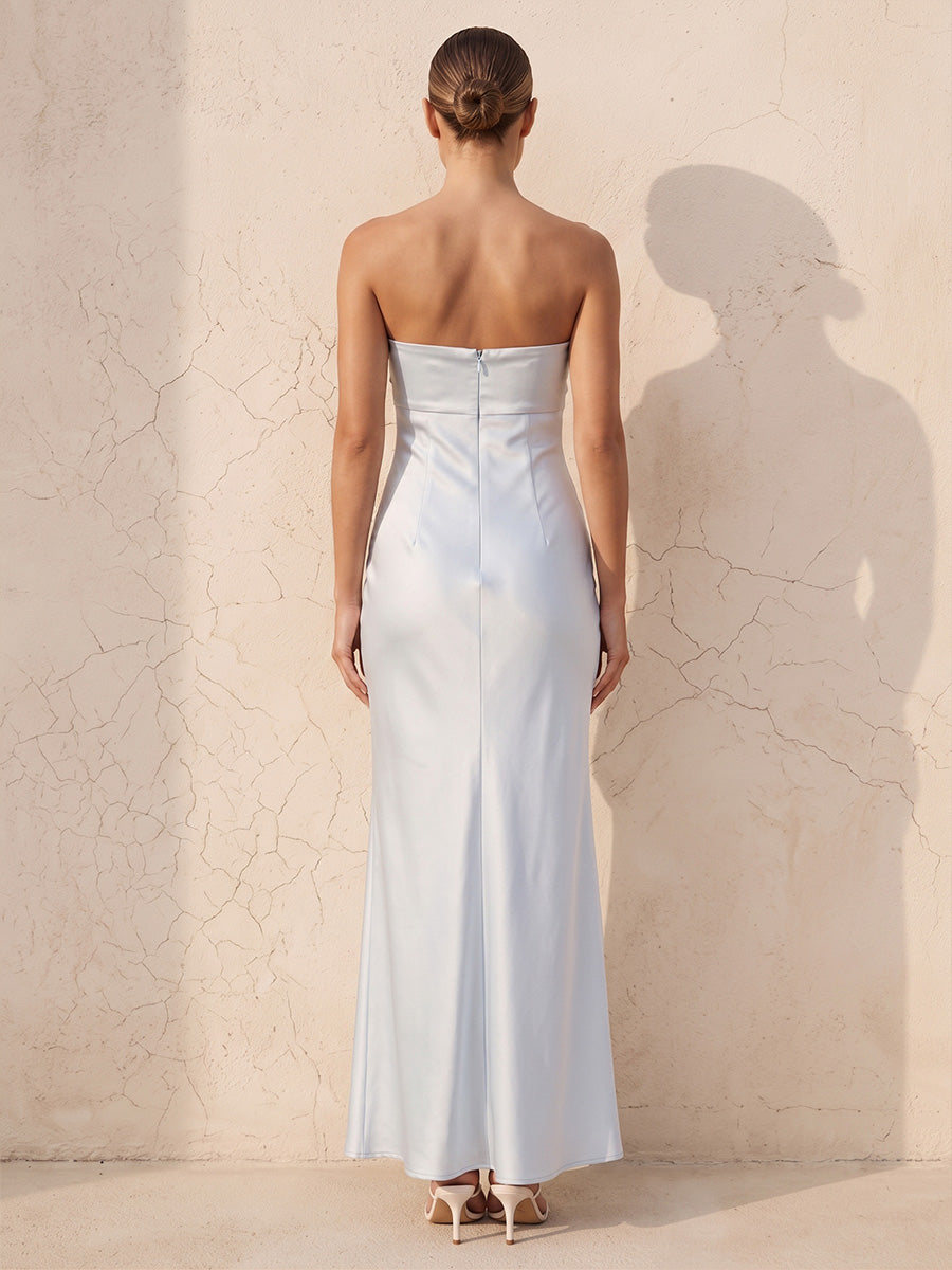 Sheath/Column Strapless Satin Maxi Wedding Guest Dresses with Ruched Bodice