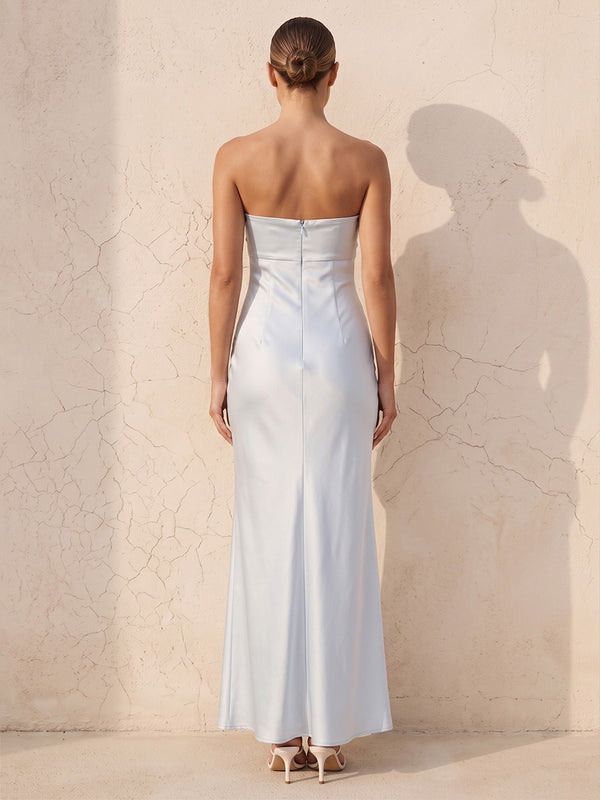 Sheath/Column Strapless Satin Maxi Wedding Guest Dresses with Ruched Bodice