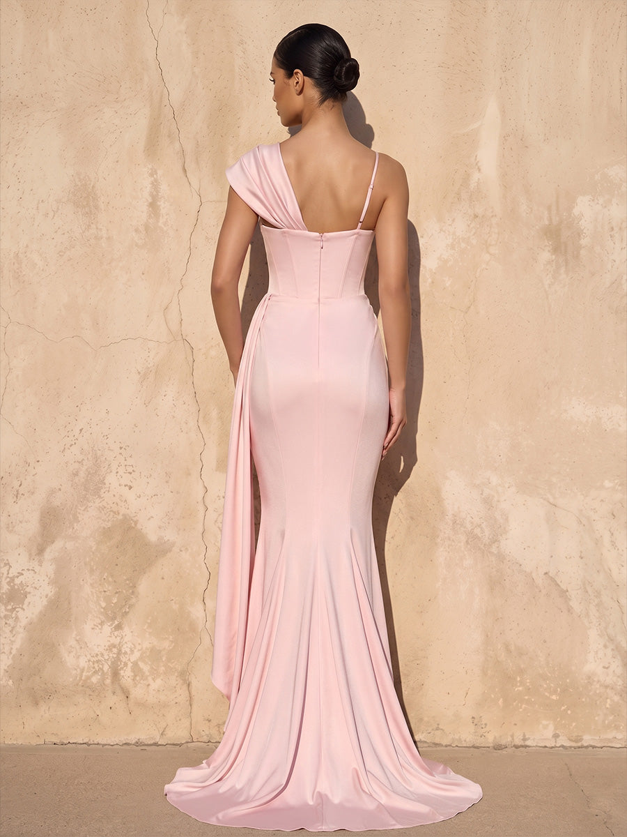 Mermaid/Trumpet Asymmetric Neck Satin Floor-Length Wedding Guest Dresses with Ruched Waist