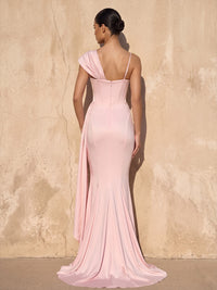 Mermaid/Trumpet Asymmetric Neck Satin Floor-Length Wedding Guest Dresses with Ruched Waist
