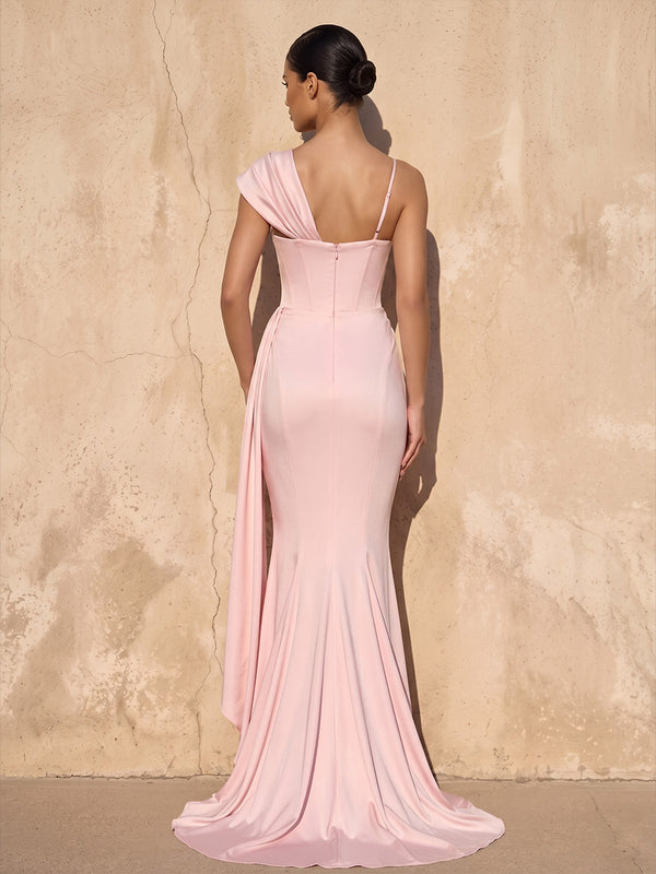 Mermaid/Trumpet Asymmetric Neck Satin Floor-Length Wedding Guest Dresses with Ruched Waist