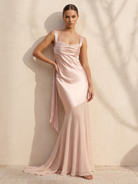 Mermaid/Trumpet Cowl Neck Satin Maxi Wedding Guest Dresses with Ruched Bodice