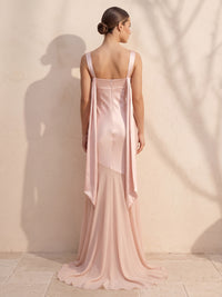 Mermaid/Trumpet Cowl Neck Satin Maxi Wedding Guest Dresses with Ruched Bodice