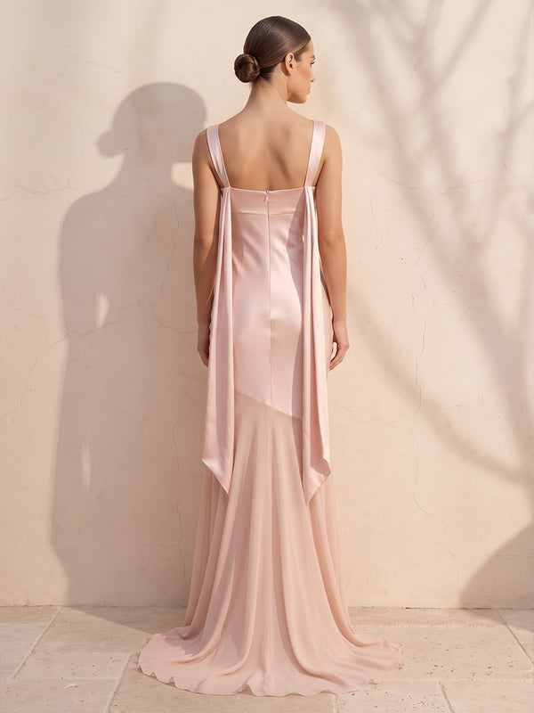 Mermaid/Trumpet Cowl Neck Satin Maxi Wedding Guest Dresses with Ruched Bodice
