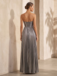 A-Line/Princess Strapless Metallic Satin Maxi Wedding Guest Dresses with Pleats & Slit