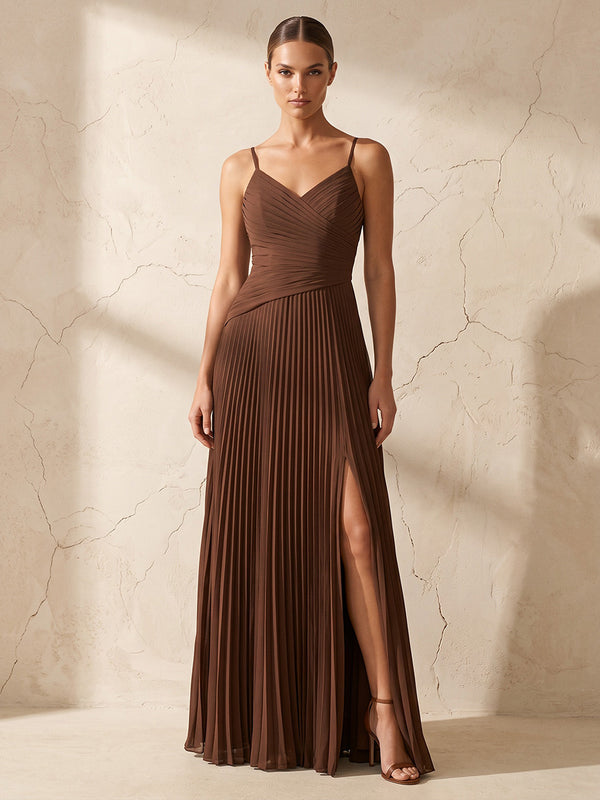 A-Line/Princess Spaghetti Straps Chiffon Maxi Wedding Guest Dresses with Pleats & Slit