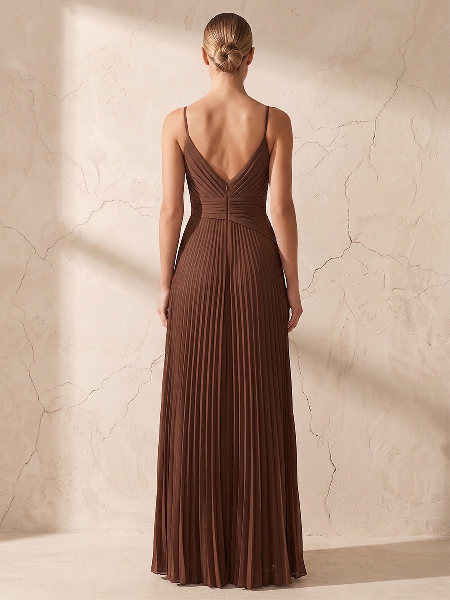 A-Line/Princess Spaghetti Straps Chiffon Maxi Wedding Guest Dresses with Pleats & Slit