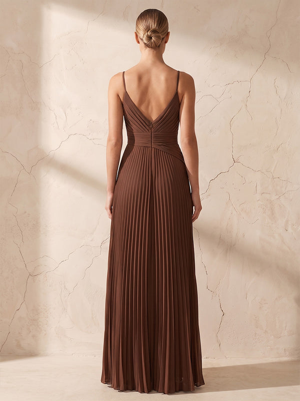 A-Line/Princess Spaghetti Straps Chiffon Maxi Wedding Guest Dresses with Pleats & Slit