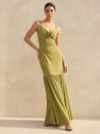 A-Line/Princess Spaghetti Straps Chiffon Maxi Wedding Guest Dresses with 3D Flowers & Pleats
