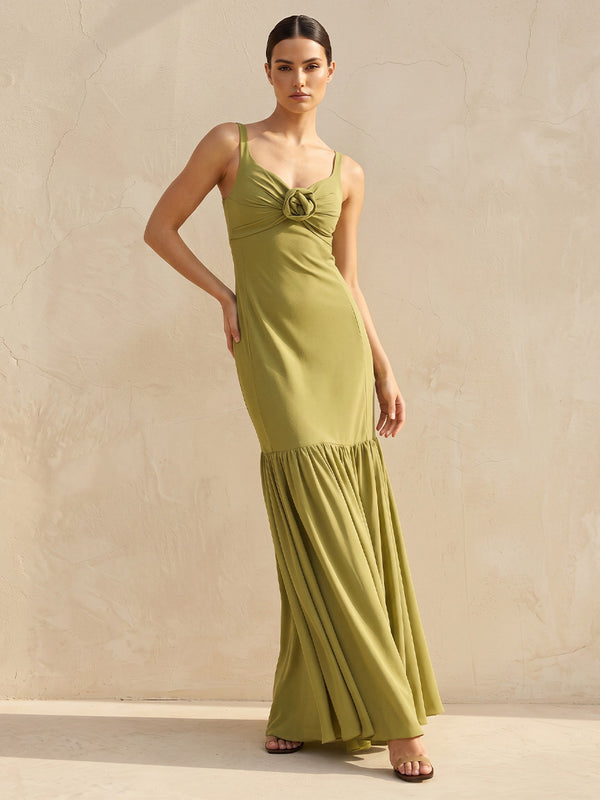 A-Line/Princess Spaghetti Straps Chiffon Maxi Wedding Guest Dresses with 3D Flowers & Pleats