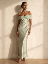 Sheath/Column Off Shoulder Satin Tea-Length Wedding Guest Dresses with Ruched Bodice