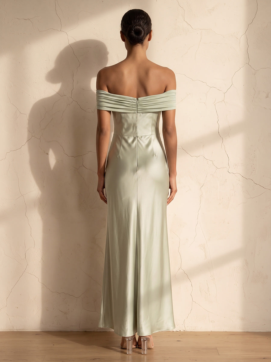 Sheath/Column Off Shoulder Satin Tea-Length Wedding Guest Dresses with Ruched Bodice