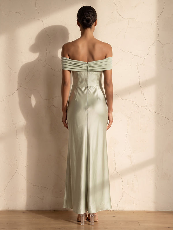 Sheath/Column Off Shoulder Satin Tea-Length Wedding Guest Dresses with Ruched Bodice