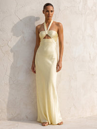 Sheath/Column Halter Satin Maxi Wedding Guest Dresses with Waist Cut-outs