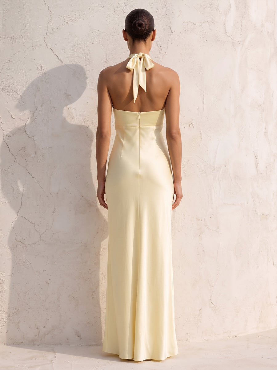 Sheath/Column Halter Satin Maxi Wedding Guest Dresses with Waist Cut-outs