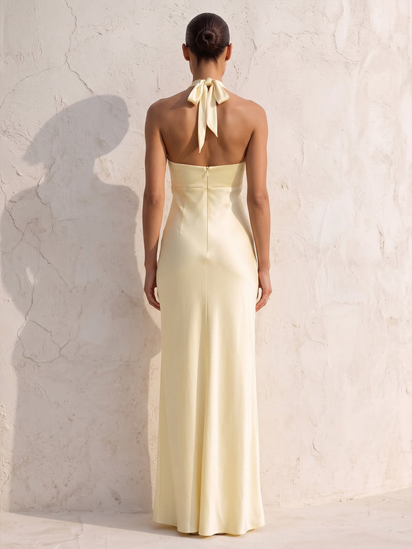 Sheath/Column Halter Satin Maxi Wedding Guest Dresses with Waist Cut-outs