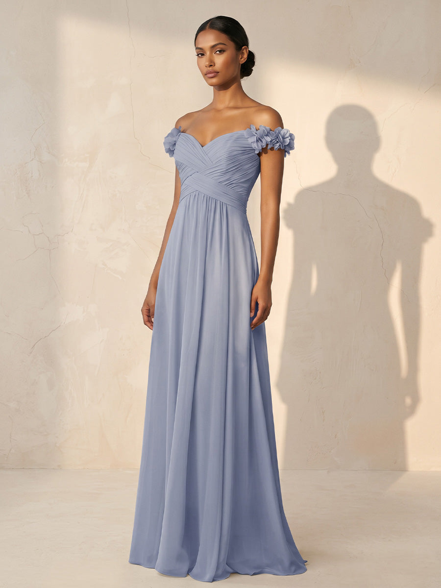 A-Line/Princess Off Shoulder Chiffon Maxi Wedding Guest Dresses with 3D Flowers & Pleats