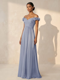 A-Line/Princess Off Shoulder Chiffon Maxi Wedding Guest Dresses with 3D Flowers & Pleats