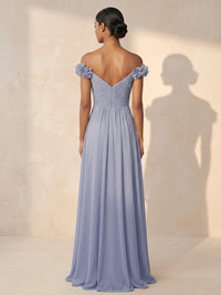 A-Line/Princess Off Shoulder Chiffon Maxi Wedding Guest Dresses with 3D Flowers & Pleats