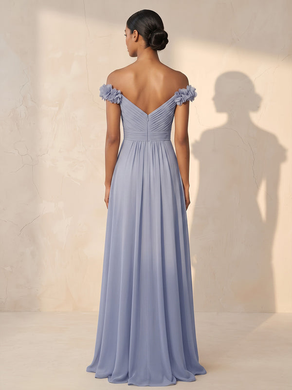 A-Line/Princess Off Shoulder Chiffon Maxi Wedding Guest Dresses with 3D Flowers & Pleats