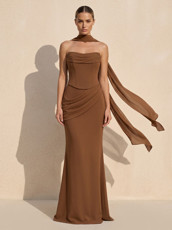 Sheath/Column Strapless Chiffon Maxi Wedding Guest Dresses with Ruched Waist, Corset & Scarf