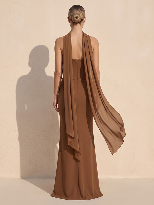 Sheath/Column Strapless Chiffon Maxi Wedding Guest Dresses with Ruched Waist, Corset & Scarf