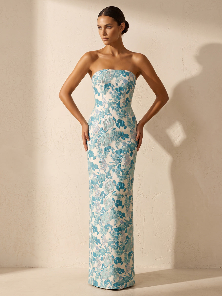 Sheath/Column Strapless Jacquard Maxi Wedding Guest Dresses for Women