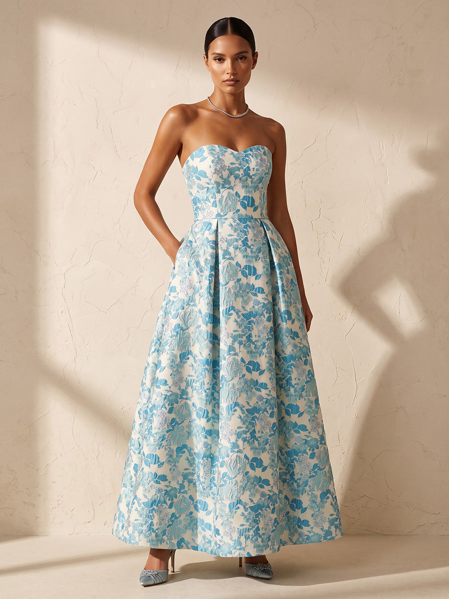 A-Line/Princess Strapless Jacquard Maxi Wedding Guest Dresses with Pleats