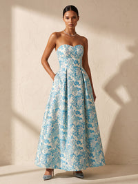 A-Line/Princess Strapless Jacquard Maxi Wedding Guest Dresses with Pleats
