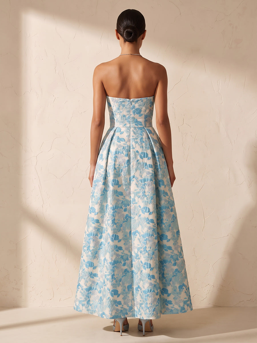 A-Line/Princess Strapless Jacquard Maxi Wedding Guest Dresses with Pleats
