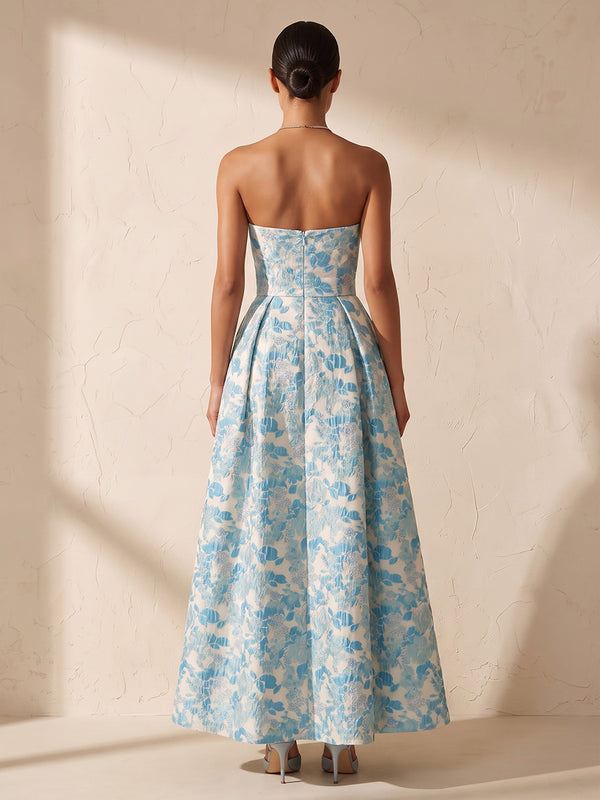 A-Line/Princess Strapless Jacquard Maxi Wedding Guest Dresses with Pleats