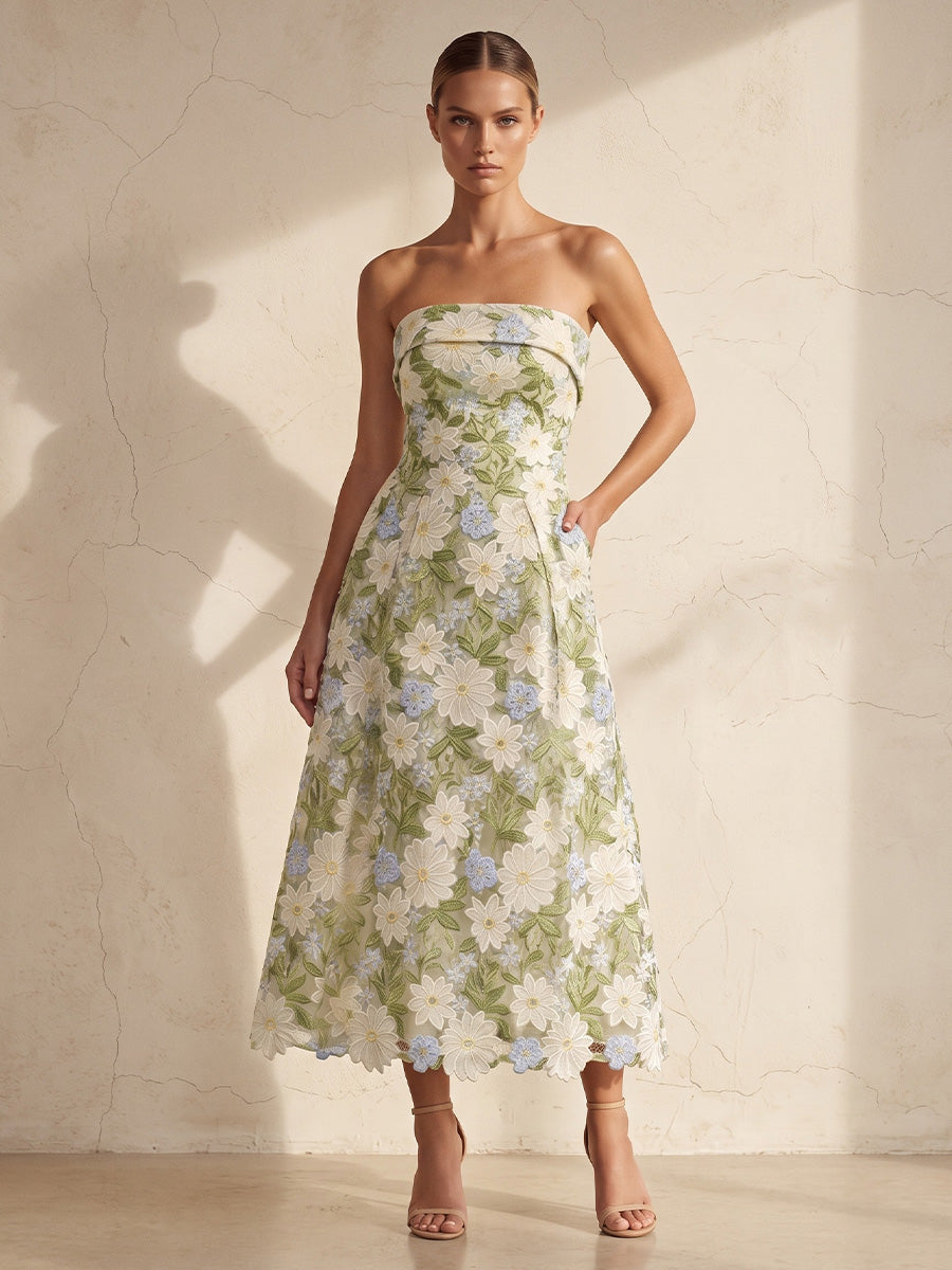 A-Line/Princess Strapless Floral Embroidery Tea-Length Wedding Guest Dresses for Women